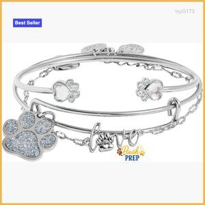 Adjustable Brass Bangle Bracelet Set with Paw Charm